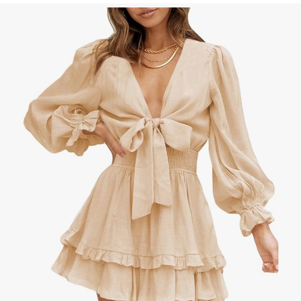 Beige Puff Sleeve Mini Dress - Picture 2 of 4